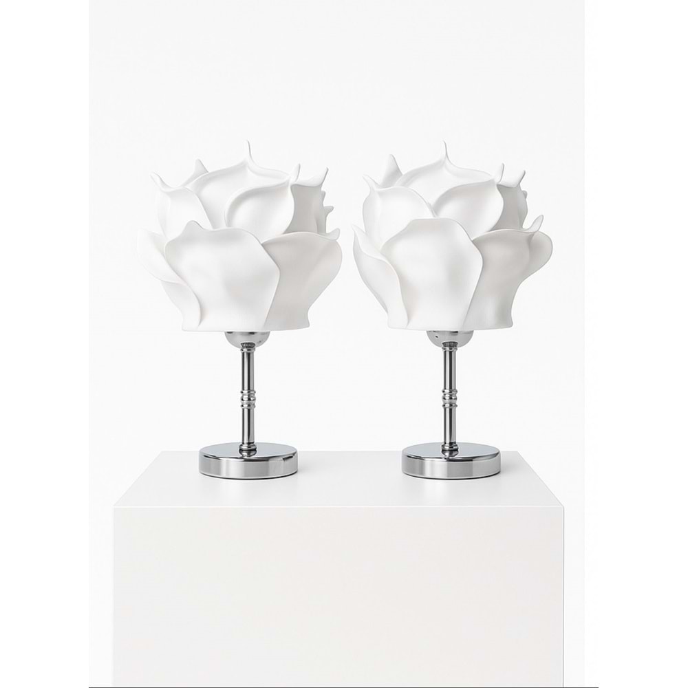 2 li Beyaz Eva Gül Tasarım Kablosuz Masa Lambası Gümüş