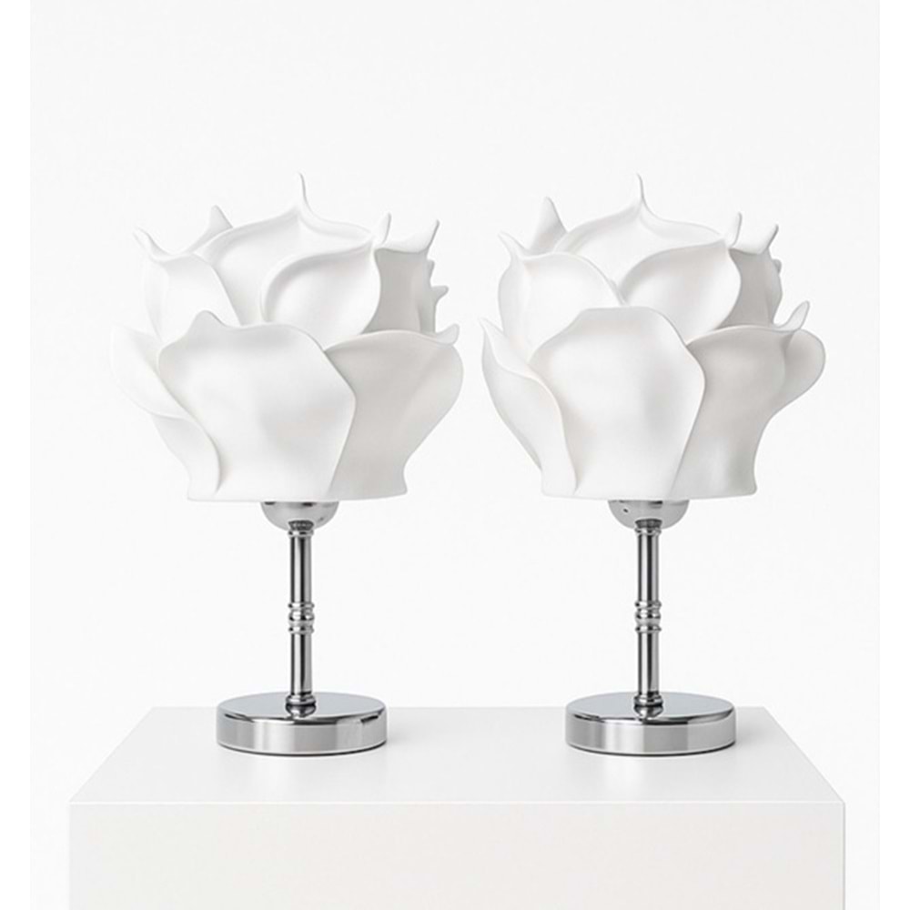 2 li Beyaz Eva Gül Tasarım Kablosuz Masa Lambası Gümüş