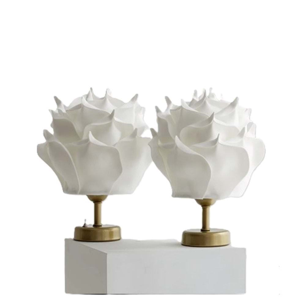 Beyaz Eva Gül Tasarım Kablosuz Masa Lambası - Alt Eskitme