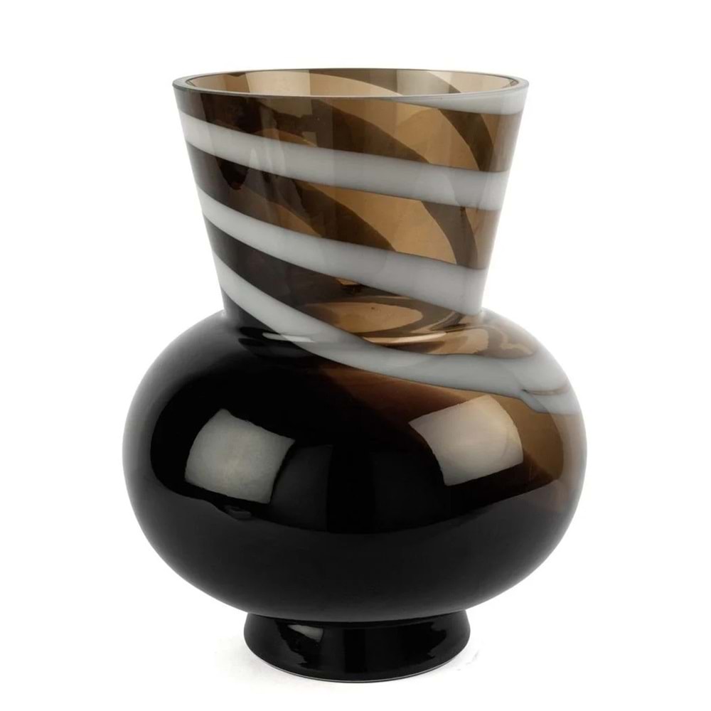 Kahverengi Beyaz Şeritli Cam Vazo 32x28 cm