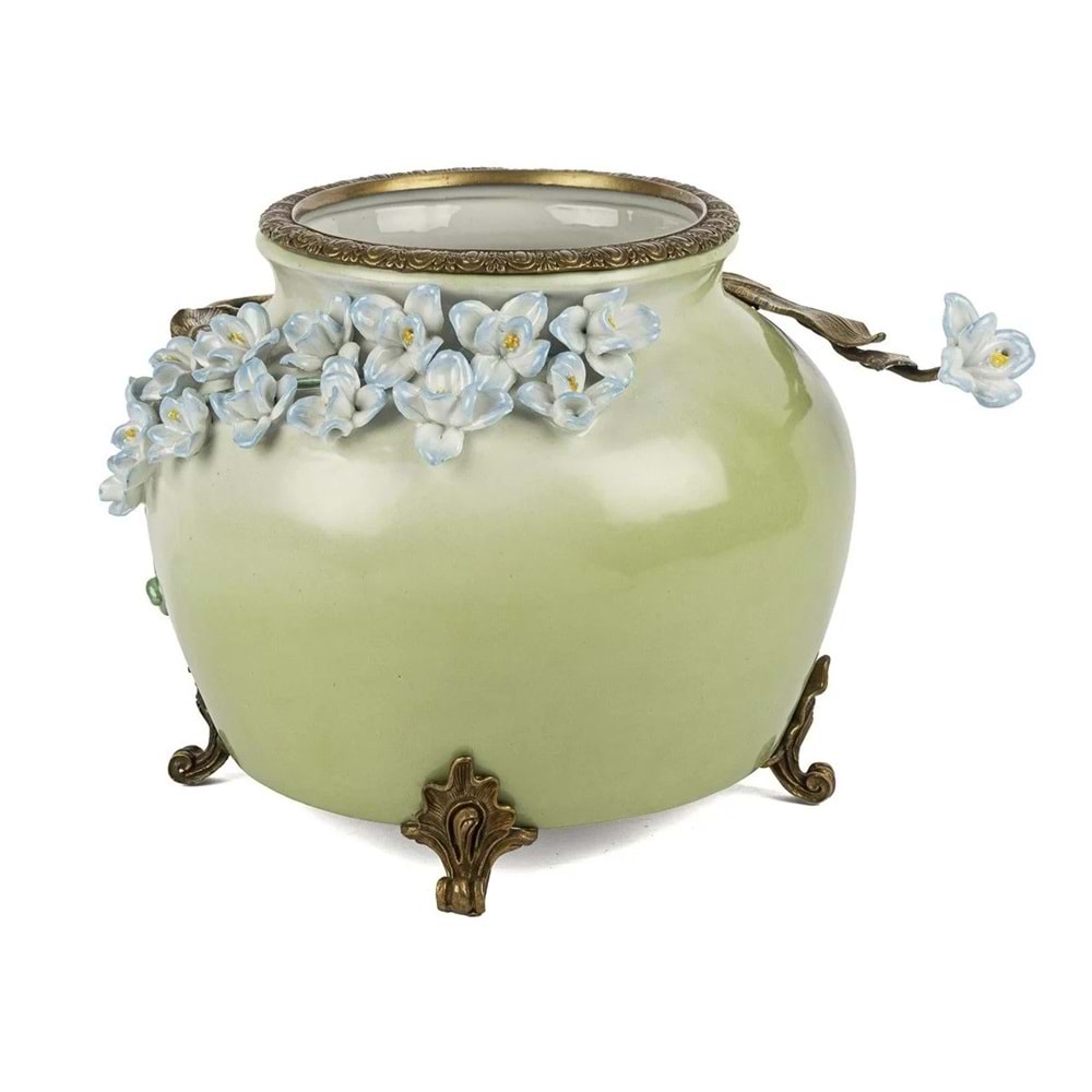 Yeşil Kabarma Çiçekli Yuvarlak Vazo