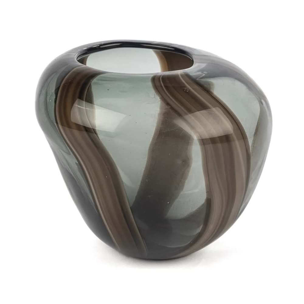 Kahve Çizgili Füme Cam Vazo 22x20x19 cm