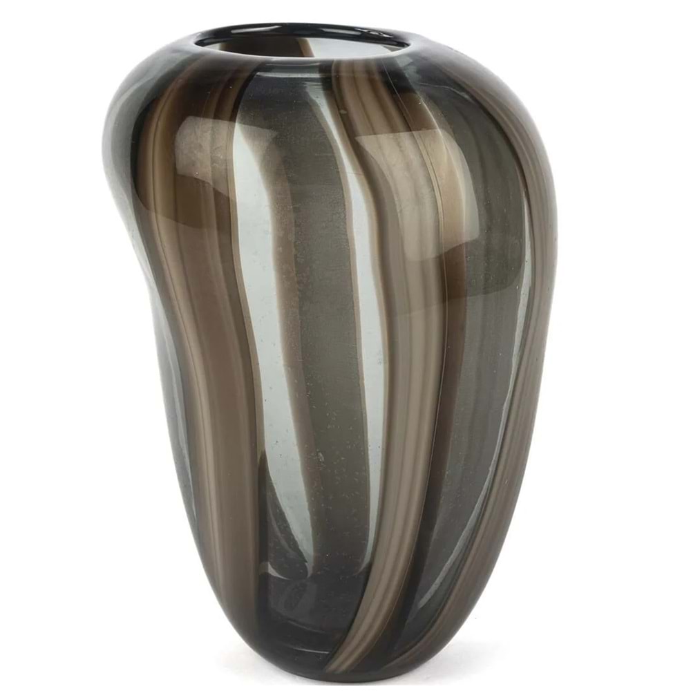 Kahve Çizgili Füme Cam Vazo 19x18x28 cm