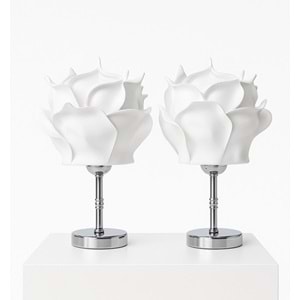 2 li Beyaz Eva Gül Tasarım Kablosuz Masa Lambası Gümüş