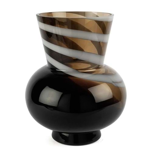 Kahverengi Beyaz Şeritli Cam Vazo 32x28 cm