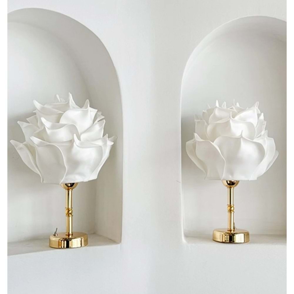 2'li Beyaz Eva Gül Tasarım Kablosuz Masa Lambası Gold
