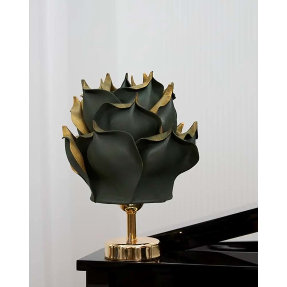 Yeşil Eva Gül Tasarım Kablosuz Masa Lambası - Gold