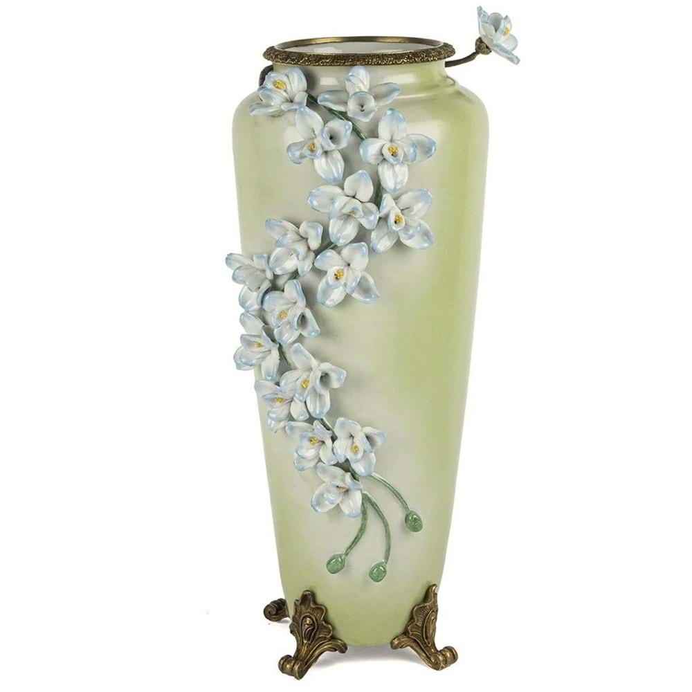 Yeşil Kabartma Çiçekli Vazo 22x47 cm