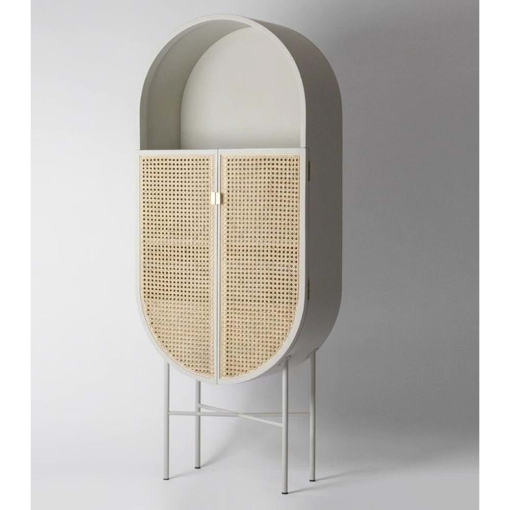 2 Kapaklı 3 Raflı Hazeran Hasır Vitrin Beyaz